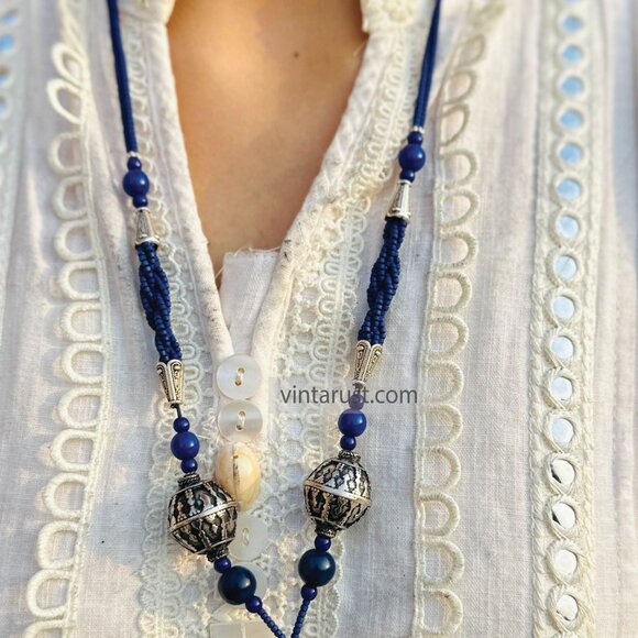 Blue Beaded Pendant Necklace with Silver Tribal Charms and Tassels - Picture 3 of 14